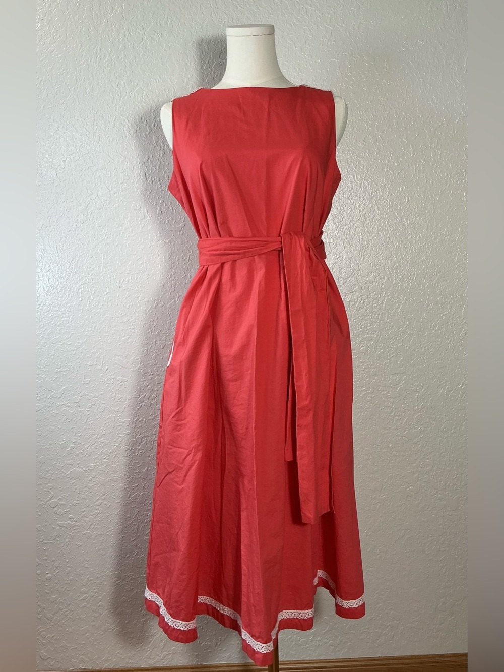 Ann Taylor Factory Coral Midi Dress Tie Waist Pockets Lace Trim M